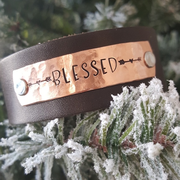 Handstamped Leather/Copper Statement Cuff - Picture 1 of 3